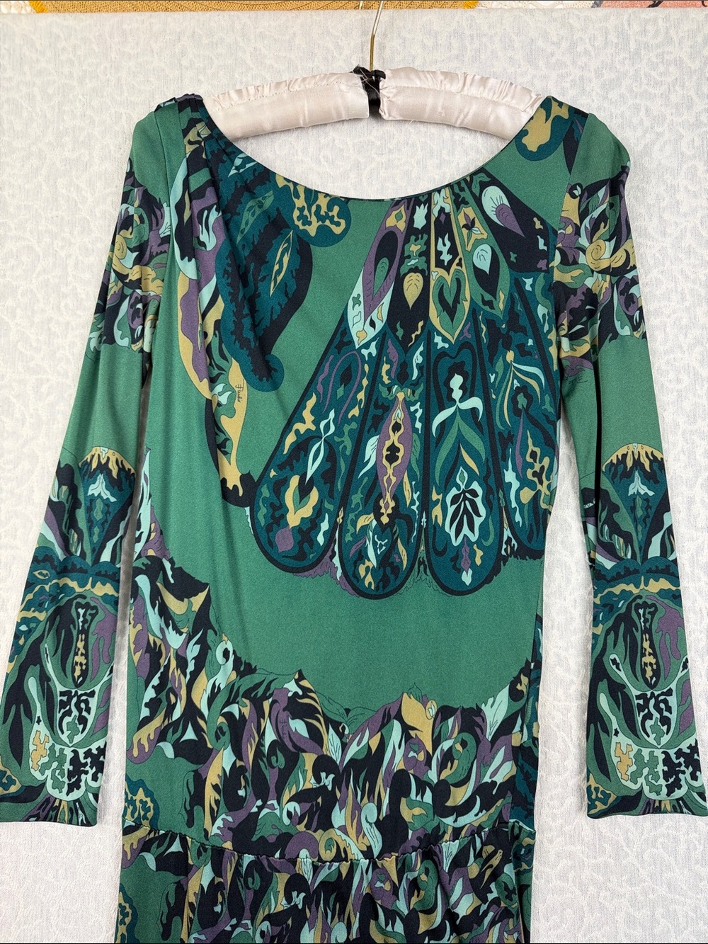 EMILIO PUCCI Dress Rayon Green Printed Long Sleeve Midi Dress Vintage Sz. 2-4 - Picture 6 of 13
